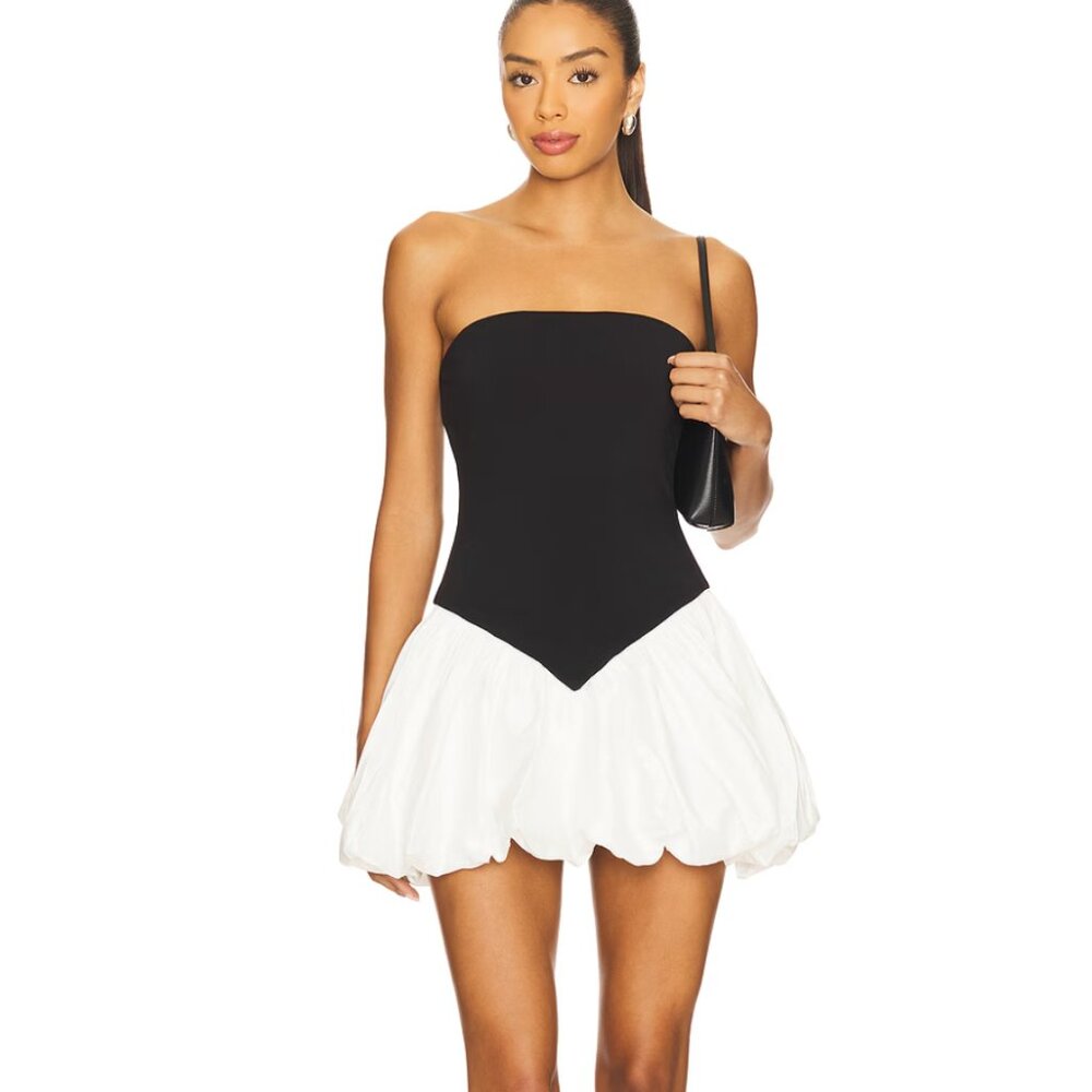NEW Bardot Vega Strapless Mini Dress Black & White Tube Strapless Bubble Hem 4